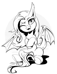 Size: 3000x3888 | Tagged: safe, artist:taneysha, derpibooru import, fluttershy, bat pony, pony, bat ponified, flutterbat, grayscale, image, inktober, inktober 2022, jpeg, monochrome, one eye closed, race swap, smiling, solo, wink