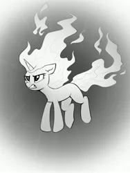 Size: 2904x3872 | Tagged: safe, artist:taneysha, derpibooru import, twilight sparkle, unicorn, angry, grayscale, image, inktober, inktober 2022, jpeg, mane of fire, monochrome, rapidash twilight, solo, unicorn twilight