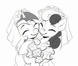 Size: 2492x2104 | Tagged: safe, artist:taneysha, derpibooru import, bon bon, lyra heartstrings, sweetie drops, earth pony, pony, unicorn, bouquet, clothes, dress, duo, female, flower, grayscale, image, inktober, inktober 2022, jpeg, lesbian, lyrabon, monochrome, shipping, wedding dress