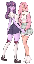 Size: 2073x3919 | Tagged: safe, artist:xqv33n13, derpibooru import, fluttershy, twilight sparkle, human, ass, blushing, breasts, butt, clothes, duo, duo female, female, hair over one eye, high res, holding hands, humanized, image, kneesocks, looking at you, png, pony coloring, sideboob, simple background, skirt, socks, transparent background, twibutt