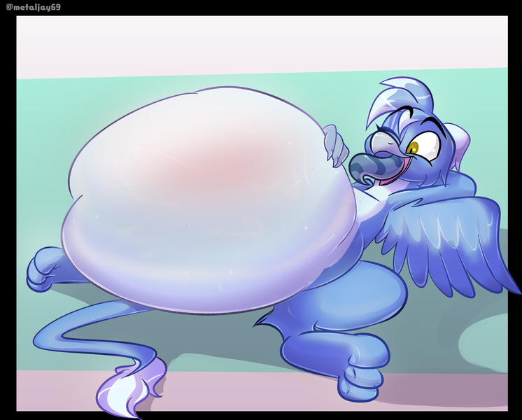 Size: 4000x3218 | Tagged: questionable, alternate version, derpibooru import, oc, oc:frost wing, oc:opal brona, gryphon, original species, belly, big belly, huge belly, image, impossibly large belly, jpeg, vore