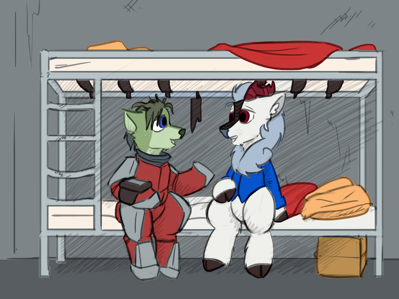 Size: 4000x3000 | Tagged: safe, artist:captainhoers, artist:stormwing, color edit, derpibooru import, edit, oc, oc:ash (captainhoers), oc:rowan, deer, hybrid, reindeer, bed, bunk bed, clothes, colored, exosuit, image, nighthaze, png, red faction, reindeer (nighthaze), spacesuit