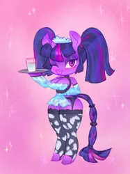 Size: 955x1280 | Tagged: safe, artist:v33tox, derpibooru import, twilight sparkle, anthro, unguligrade anthro, unicorn, alternate hairstyle, blushing, breasts, chibi, clothes, cowprint, detached sleeves, eyeshadow, french maid, garter belt, garters, glass, hips, image, jpeg, lidded eyes, looking at you, maid, maid headdress, makeup, milk, one eye closed, pigtails, serving tray, socks, solo, stockings, thigh highs, thighs, thunder thighs, twintails, wide hips