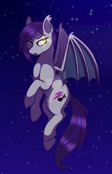 Size: 1600x2489 | Tagged: safe, artist:cherrycandi, derpibooru import, oc, oc:bea, unofficial characters only, bat pony, pony, bat wings, deviantart watermark, ear piercing, flying, glow, glowing eyes, image, jpeg, night, night sky, obtrusive watermark, piercing, simple background, sky, solo, stars, watermark, wings