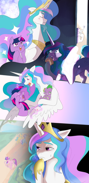 Size: 2048x4187 | Tagged: safe, artist:aztrial, derpibooru import, lemon hearts, minuette, princess celestia, spike, twilight sparkle, twinkleshine, alicorn, dragon, pony, unicorn, baby, baby dragon, baby spike, book, cake, cakelestia, comforting, crying, cute, eating, female, filly, filly twilight sparkle, food, image, messy eating, nervous sweat, night, pastry, png, reading, starry eyes, story included, sweat, sweatdrop, test, that pony sure does love books, that pony sure does love cakes, tired, twiabetes, unicorn twilight, wingding eyes, younger