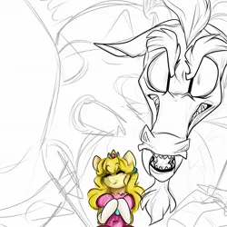 Size: 2048x2048 | Tagged: safe, artist:crookedbeetles, derpibooru import, ponified, draconequus, pony, bipedal, crossover, duo, eyes closed, image, jpeg, looking at you, parody, princess peach, sketch, smiling, super mario bros., wip