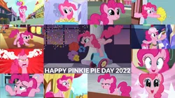 Size: 1974x1111 | Tagged: safe, derpibooru import, edit, edited screencap, editor:quoterific, screencap, pinkie pie, apple family reunion, discordant harmony, green isn't your color, inspiration manifestation, make new friends but keep discord, pinkie pride, school daze, sweet and elite, the crystalling, the last laugh, the last roundup, the ticket master, what about discord?, bee hive, image, pinkie pie day, png