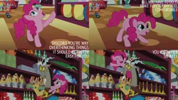 Size: 4400x2475 | Tagged: safe, derpibooru import, edit, edited screencap, editor:quoterific, screencap, discord, pinkie pie, discordant harmony, hat, high res, image, lava lamp, party hat, pinkie being pinkie, piñata, png, shopping cart, text edit
