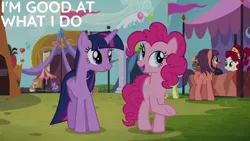 Size: 1280x720 | Tagged: safe, derpibooru import, edit, edited screencap, editor:quoterific, screencap, amethyst star, cherry berry, cherry jubilee, pinkie pie, twilight sparkle, party pooped, image, png