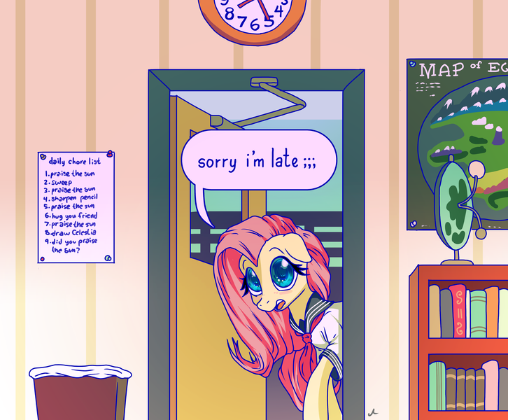Size: 5400x4461 | Tagged: safe, artist:docwario, derpibooru import, fluttershy, pegasus, pony, absurd resolution, blushing, classroom, clothes, cute, female, floppy ears, fluttober, high res, image, mare, open mouth, png, school uniform, shyabetes, solo, speech bubble