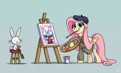 Size: 6509x3927 | Tagged: safe, artist:docwario, derpibooru import, angel bunny, fluttershy, pegasus, pony, rabbit, absurd resolution, animal, beret, carrot, cute, duo, easel, female, fluttober, food, grin, hat, hoof hold, image, looking at you, male, mare, mouth hold, paintbrush, painting, png, shyabetes, simple background, smiling, smiling at you, teal background
