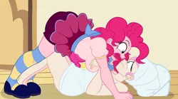 Size: 1445x801 | Tagged: safe, artist:lazy-ale, derpibooru import, fluttershy, pinkie pie, human, filli vanilli, barefoot, breasts, busty pinkie pie, clothes, eyeshadow, fat, feet, humanized, image, jpeg, makeup, mary janes, naked towel, pinned down, pudgy pie, scared, scene interpretation, screaming, shoes, socks, striped socks, towel on head