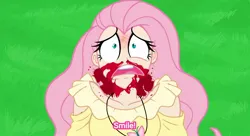 Size: 1298x706 | Tagged: semi-grimdark, artist:lazy-ale, derpibooru import, fluttershy, human, smile hd, blood, bruised, humanized, image, jewelry, jpeg, necklace, nosebleed, scared, scene interpretation, solo, this will end in death