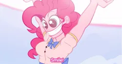 Size: 1115x588 | Tagged: semi-grimdark, artist:lazy-ale, derpibooru import, pinkie pie, human, smile hd, arms in the air, big grin, bowtie, clothes, grin, humanized, image, jpeg, scary face, scene interpretation, shirt, smiling, solo, this will end in death