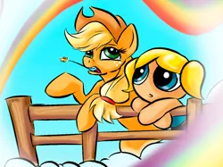 Size: 616x460 | Tagged: safe, artist:lytlethelemur, derpibooru import, applejack, earth pony, human, pony, bubbles (powerpuff girls), cloud, fence, image, jpeg, mouth hold, open mouth, rainbow, the powerpuff girls