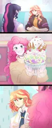 Size: 1200x2931 | Tagged: safe, artist:lzjian79, artist:moonsunisrealmm, derpibooru import, sci-twi, sunset shimmer, twilight sparkle, equestria girls, banana, clothes, coat, collaboration, food, ice cream, image, looking at you, necktie, open mouth, open smile, png, smiling, webcam, whipped cream