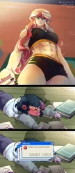 Size: 1146x2646 | Tagged: suggestive, artist:lzjian79, artist:moonsunisrealmm, derpibooru import, sci-twi, sunset shimmer, twilight sparkle, equestria girls, abs, belly button, blood, blushing, breasts, clothes, collaboration, female, glasses, image, ladyboner, lesbian, looking down, looking up, muscles, muscular female, nosebleed, png, scitwishimmer, shipping, sunset lifter, sunsetsparkle