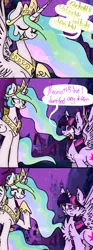 Size: 726x1944 | Tagged: safe, artist:4agonism, derpibooru import, princess celestia, twilight sparkle, twilight sparkle (alicorn), alicorn, pony, magical mystery cure, 3 panel comic, alicorn ascension, chest fluff, comic, crown, duo, ear fluff, female, fluffy, horn, image, jewelry, laughing, mare, night, open mouth, png, regalia, smiling, snickering, spread wings, twilight sparkle is not amused, unamused, wings