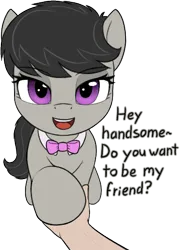 Size: 364x506 | Tagged: safe, artist:zippysqrl, derpibooru import, octavia melody, earth pony, pony, bowtie, dialogue, female, hand, holding hoof, image, looking at you, offscreen character, png, pov, raised hoof, simple background, sitting, solo focus, transparent background
