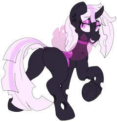 Size: 2070x2163 | Tagged: safe, artist:gnashie, derpibooru import, oc, oc:sketchy heart, unofficial characters only, changeling, bedroom eyes, bracelet, carapace, changeling oc, changelingified, choker, colored, ear piercing, earring, flat colors, grin, horn, image, jewelry, piercing, png, simple background, smiling, species swap, transparent background, underhoof, wings