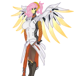 Size: 1000x1000 | Tagged: safe, artist:fluttershy_mop, derpibooru import, fluttershy, human, armor, armor skirt, artificial wings, augmented, boots, breasts, clothes, crossover, cute, gloves, image, mecha, mechanical wing, mercy, mercyshy, overwatch, png, shoes, shyabetes, simple background, skirt, socks, spread wings, stockings, thigh highs, wings