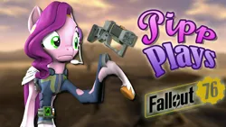Size: 1920x1080 | Tagged: safe, artist:pika-robo, derpibooru import, pipp petals, pegasus, pony, series:pipp plays, 3d, clothes, confused, error, fake thumbnail, fallout, fallout 76, female, floating, frown, g5, gamer pipp, gaming headset, glitch, gun, headset, image, jumpsuit, let's play, looking at you, mare, pipbuck, png, pun, solo, source filmmaker, take that, vault suit, wasteland, weapon, youtube thumbnail