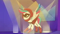 Size: 4096x2302 | Tagged: safe, derpibooru import, screencap, zipp storm, pegasus, pony, my little pony: tell your tale, spoiler:g5, spoiler:my little pony: tell your tale, spoiler:tyts01e30, arrowverse, female, g5, image, jpeg, mare, nightmare night party, smiling, solo, spread wings, wings, youtube link