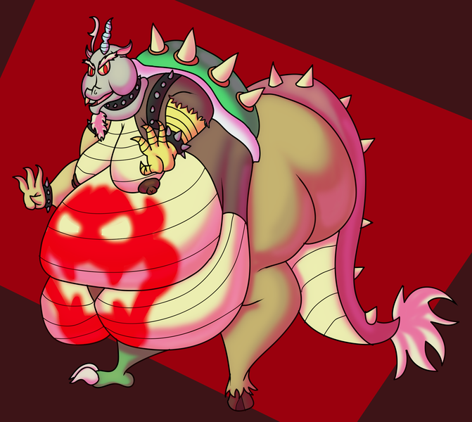 Size: 1900x1700 | Tagged: questionable, artist:jacalope, derpibooru import, discord, draconequus, abstract background, bodypaint, bowser, fat, fatcord, fusion, image, koopa shell, large belly, large butt, moobs, nipples, nudity, png, super mario bros.