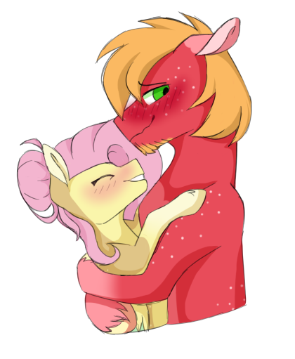 Size: 420x511 | Tagged: safe, artist:fluffy-fillies, derpibooru import, big macintosh, fluttershy, earth pony, pegasus, pony, alternate hairstyle, beard, blushing, eyes closed, facial hair, female, floppy ears, fluttermac, freckles, hug, image, male, mare, png, shipping, shoulder freckles, simple background, smiling, stallion, straight, transparent background