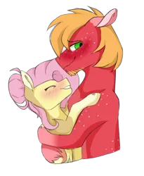 Size: 420x511 | Tagged: safe, artist:fluffy-fillies, derpibooru import, big macintosh, fluttershy, earth pony, pegasus, pony, alternate hairstyle, beard, blushing, eyes closed, facial hair, female, floppy ears, fluttermac, freckles, hug, image, male, mare, png, shipping, shoulder freckles, simple background, smiling, stallion, straight, transparent background