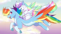 Size: 1920x1080 | Tagged: safe, artist:fluffy-fillies, derpibooru import, rainbow dash, oc, oc:iridescent dream land, alicorn, pegasus, pony, alicorn oc, bandaid, colored wings, duo, eyes closed, female, flying, foal, horn, image, looking back, mare, mother and child, multicolored wings, multiple parents, offspring, open mouth, parent:applejack, parent:fluttershy, parent:pinkie pie, parent:rainbow dash, parent:rarity, parent:twilight sparkle, parents:omniship, png, ponies riding ponies, rainbow wings, riding, smiling, wings