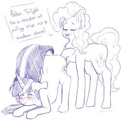 Size: 1217x1204 | Tagged: suggestive, artist:ponka-pie, derpibooru import, pinkie pie, twilight sparkle, earth pony, pony, unicorn, awkward, blushing, chest fluff, derpibooru exclusive, duo, embarrassed, face down ass up, female, image, implied insertion, lesbian, png, raised tail, shipping, sketch, speech bubble, tail, twinkie, unicorn twilight