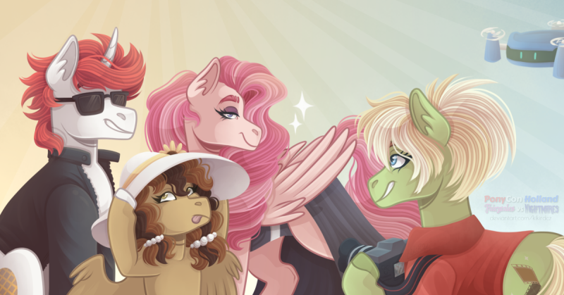 Size: 800x419 | Tagged: safe, artist:kikirdcz, derpibooru import, oc, oc:joyful jewel, oc:milli, oc:poffertje, oc:stroopwafeltje, unofficial characters only, pegasus, pony, unicorn, eponafest, hat, image, png, ponycon holland