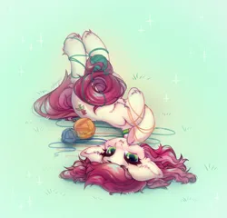 Size: 1923x1845 | Tagged: safe, artist:jeffapegas, derpibooru import, roseluck, behaving like a cat, collar, commission, commissioner:doom9454, cute, image, lying down, on back, png, rosepet, yarn, yarn ball
