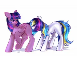 Size: 1687x1257 | Tagged: safe, artist:crybaby, derpibooru import, twilight sparkle, twilight sparkle (alicorn), oc, alicorn, pony, duo, eyes on the prize, image, jpeg, looking at butt, missing cutie mark, scrunchy face, simple background, twilight sparkle is not amused, unamused, white background