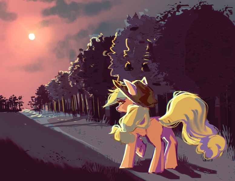 Size: 3300x2550 | Tagged: safe, artist:crybaby, derpibooru import, applejack, earth pony, pony, applebutt, butt, image, jpeg, moody, plot, raised hoof, solo, sun, tree