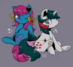 Size: 640x594 | Tagged: safe, artist:kzhound, derpibooru import, bowtie (g1), gusty, earth pony, pony, unicorn, bow, colored pupils, duo, duo female, female, freckles, g1, gray background, hair, hair bow, heart, heart ears, image, mare, one eye closed, png, reddit, shiny hair, shiny mane, signature, simple background, tail, tail bow, wink