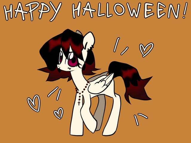 Size: 640x480 | Tagged: safe, artist:noriiuwu, derpibooru import, oc, oc:killjoy, unofficial characters only, pegasus, pony, black outlines, cross, cross necklace, ear piercing, exclamation point, female, halloween, happy halloween, heart, holiday, image, jewelry, jpeg, mare, necklace, orange background, pegasus oc, piercing, reddit, shiny mane, simple background, solo, solo female, wings