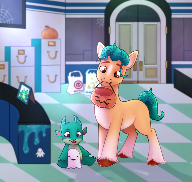 Size: 640x608 | Tagged: safe, artist:korokinda, derpibooru import, hitch trailblazer, sparky sparkeroni, dragon, earth pony, baby, baby dragon, bag, blaze (coat marking), checkered floor, coat markings, colored hooves, decoration, door, duo, duo male, facial markings, g5, halloween, holiday, image, male, missing cutie mark, nightmare night, picture frame, png, pumpkin, pumpkin bucket, reddit, socks (coat marking), spider web, unshorn fetlocks