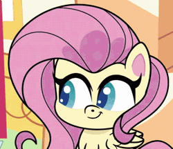 Size: 476x412 | Tagged: safe, derpibooru import, screencap, fluttershy, pegasus, pony, my little pony: pony life, spoiler:pony life s02e13, animated, cropped, cute, female, frown, gif, image, magical mare-story tour, mare, solo