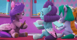 Size: 1280x668 | Tagged: safe, derpibooru import, edit, edited screencap, screencap, pipp petals, my little pony: make your mark, my little pony: make your mark chapter 2, spoiler:g5, spoiler:my little pony: make your mark chapter 2, spoiler:myms01e08, animated, cropped, g5, gif, glory (g5), have you seen this dragon?, image, indoors, loop, mobile phone, peach fizz, phone, pippsqueaks, reverse, seashell (g5), sitting, social media