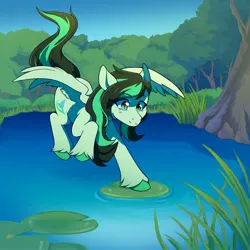 Size: 1600x1600 | Tagged: safe, artist:grumpimoon, derpibooru import, oc, oc:eden shallowleaf, unofficial characters only, pegasus, commission, commissioner:rainbowdash69, flying, grass, image, jpeg, pegasus oc, pond, tree, water, wings