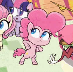 Size: 321x315 | Tagged: safe, derpibooru import, screencap, discord, fluttershy, pinkie pie, twilight sparkle, alicorn, earth pony, pegasus, pony, discord's peak, my little pony: pony life, spoiler:pony life s01e10, animated, bipedal, cropped, cute, female, gif, image, mare, offscreen character