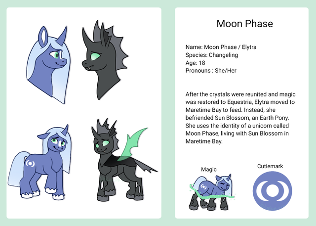 Size: 640x457 | Tagged: safe, artist:kokorokinda, derpibooru import, oc, oc:elytra, oc:moon phase, unofficial characters only, changeling, blaze (coat marking), changeling oc, coat markings, colored hooves, cutie mark, disguise, disguised changeling, facial markings, female, g5, image, png, pronouns, reddit, reference sheet, solo, solo female, unshorn fetlocks