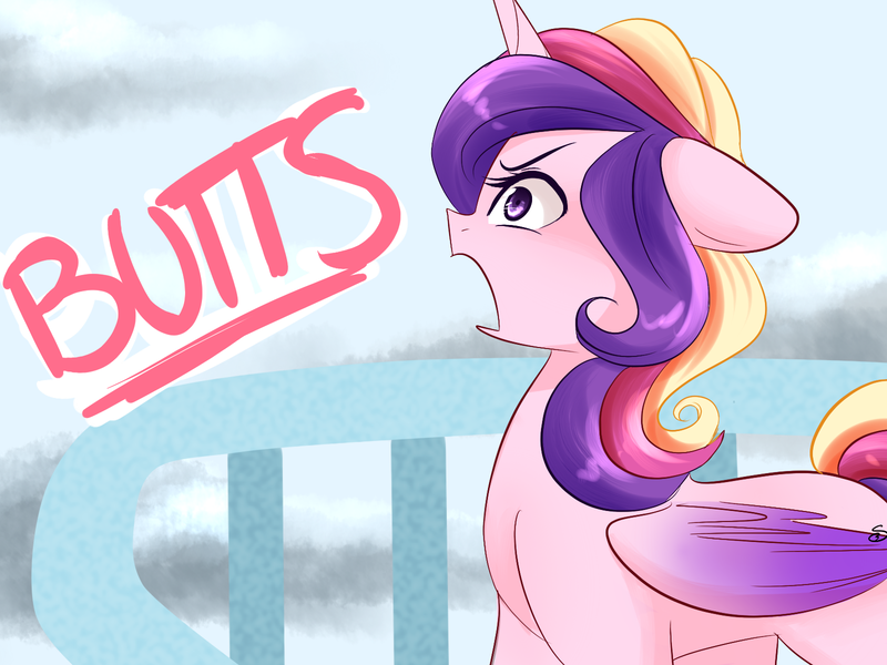 Size: 1600x1200 | Tagged: safe, artist:sugarberry, derpibooru import, princess cadance, alicorn, pony, ask-cadance, balcony, butts, female, floppy ears, frown, glare, image, mare, open mouth, png, solo, yelling