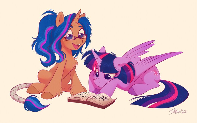 Size: 4016x2504 | Tagged: safe, artist:imalou, derpibooru import, twilight sparkle, oc, alicorn, pony, unicorn, book, chest fluff, freckles, glasses, happy, image, jpeg, lying down, prone, reading, simple background, smiling, tail, tail wrap, unshorn fetlocks