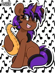Size: 3057x4000 | Tagged: safe, artist:partylikeanartist, derpibooru import, oc, unofficial characters only, pony, unicorn, female, glasses, hoof hold, image, jpeg, mare, musical instrument, open mouth, open smile, saxophone, sitting, smiling, solo
