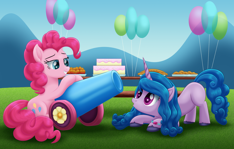 Size: 2033x1298 | Tagged: safe, artist:lifesharbinger, derpibooru import, izzy moonbow, pinkie pie, earth pony, pony, unicorn, balloon, cake, crouching, female, food, g4, g5, image, mare, missing cutie mark, muffin, party cannon, pie, pinkie pie day, png, table, the new pinkie pie, unshorn fetlocks