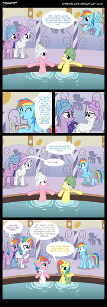 Size: 900x2572 | Tagged: safe, artist:cyberglass, derpibooru import, applejack, fluttershy, pinkie pie, rainbow dash, rarity, twilight sparkle, earth pony, pegasus, pony, unicorn, comic:unique, comic, dialogue, female, image, jpeg, mane six, mare, multicolored hair, newspaper, ponyville spa, rainbow hair, spa, speech bubble, wat