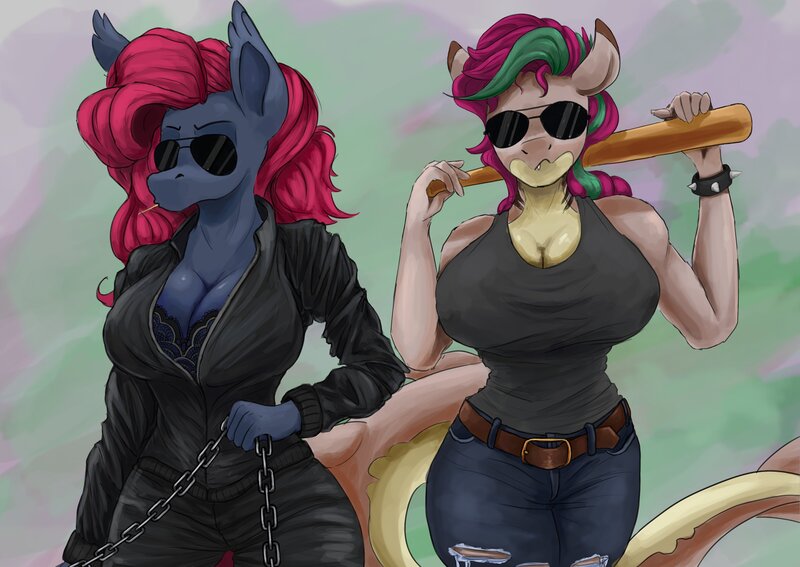 Size: 4096x2902 | Tagged: suggestive, artist:ryanmandraws, derpibooru import, oc, oc:cadillac dynamite, oc:pom tussle, unofficial characters only, anthro, bat, bat pony, original species, shark, shark pony, badass, baseball bat, belt, big breasts, breasts, busty oc, chains, cleavage, clothes, denim, duo, duo female, female, huge breasts, image, jacket, jeans, jpeg, leather, leather jacket, lingerie, pants, ripped jeans, ripped pants, rule 63, sunglasses, tanktop, toothpick, torn clothes